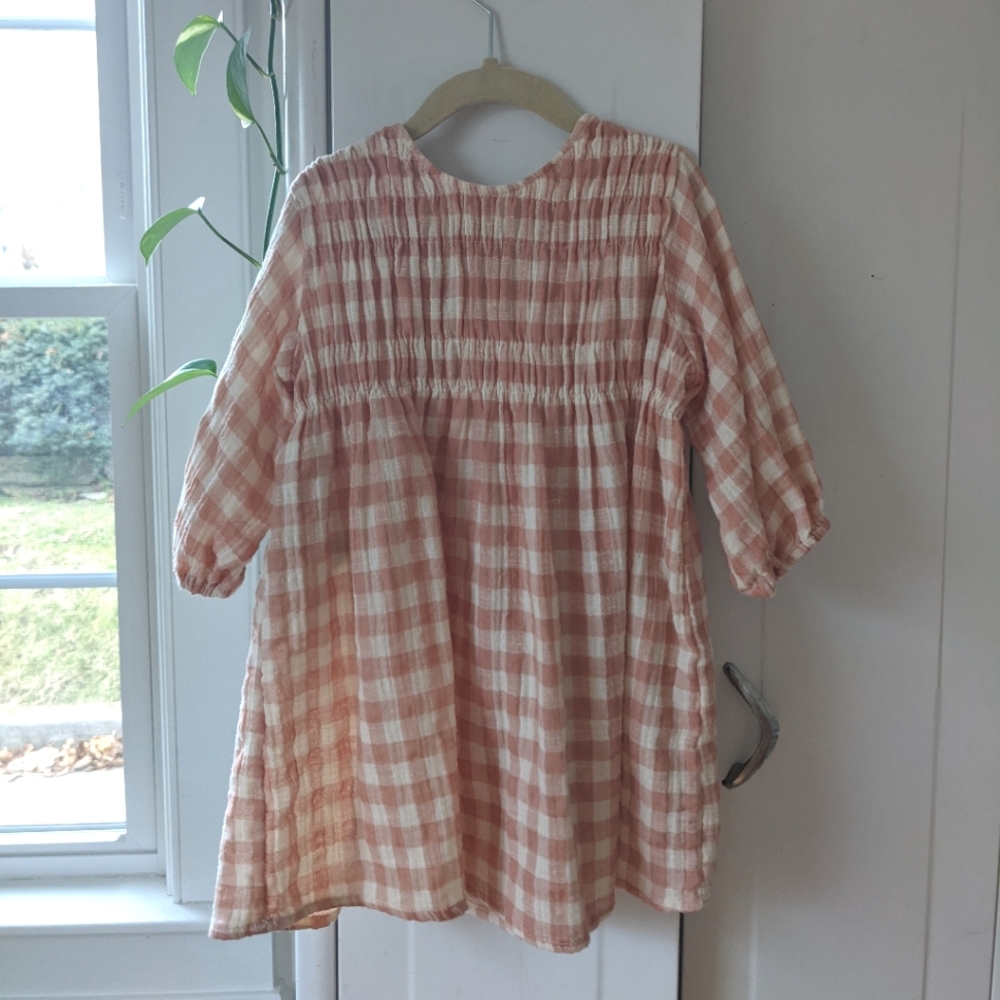 Girls pink gingham 3/4 sleeve dress zara